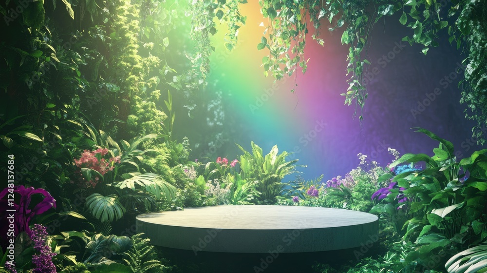 Poster A lush green forest with a burst of rainbow colors in the background, with an empty pedestal for a cosmetic product display.