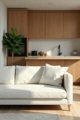 Modern minimalist living room interior design featuring a pristine white sofa bathed in sunlight, overlooking a subtly blurred kitchen with light wood cabinetry