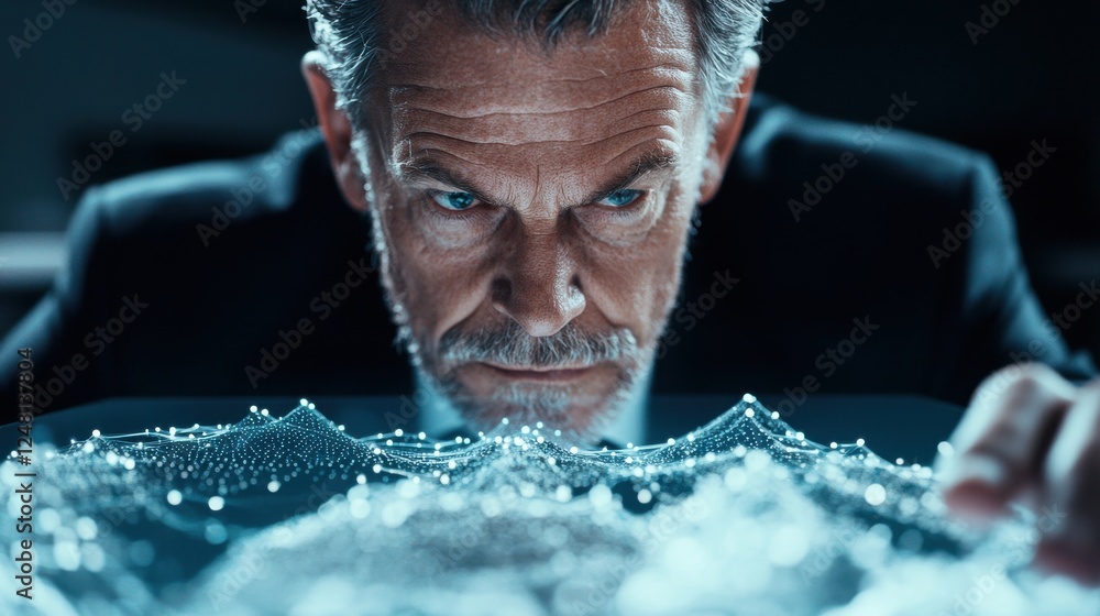 Poster businessman analyzes 3d data visualization for insightful decision-making in technology and innovati