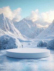 3D ice field round podium surrounded by icebergs blue tone snowy sky background, winter product display platform