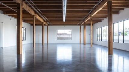 Minimalist coworking space featuring high ceilings, wooden beams, and a polished concrete floor