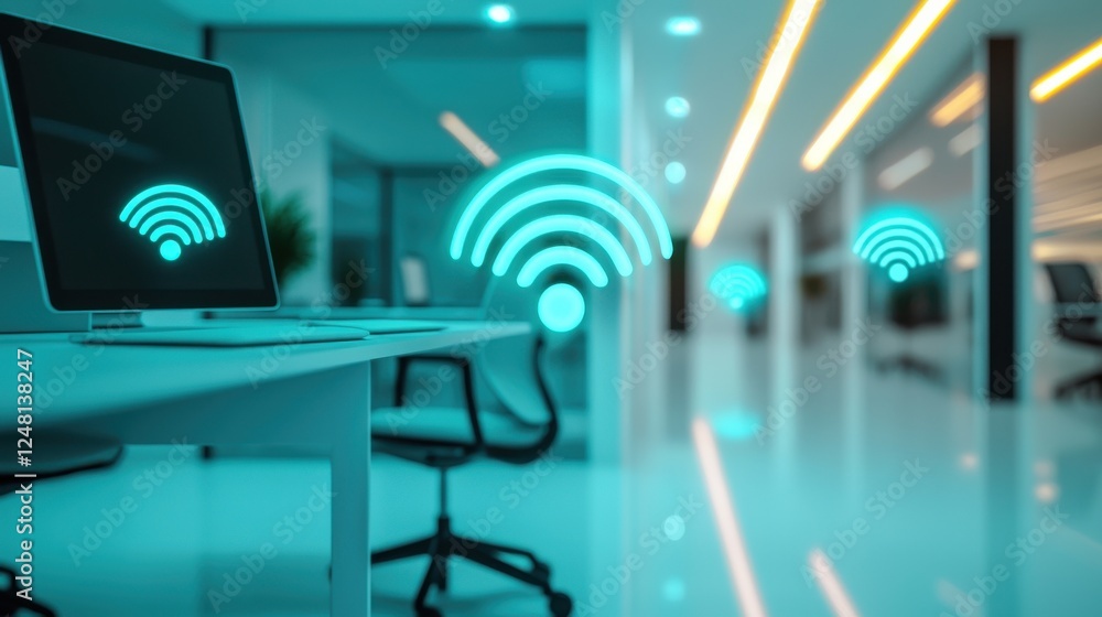 Poster modern office setting with wireless internet symbols and sleek technology design in a bright environ