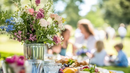 A close-up of a mother and father laughing with their children during a picnic, with a joyful expression of shared family happiness outdoors