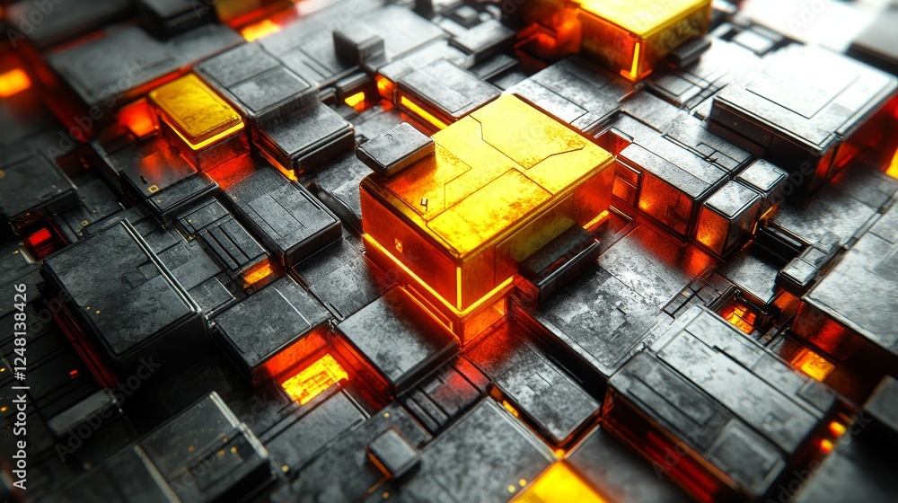 Poster abstract technology background futuristic circuits glowing orange and gray metallic cubes digital ne
