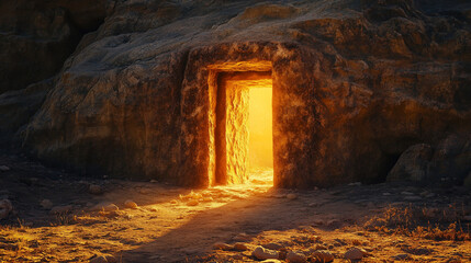 Golden stone tomb entrance illuminated at dawn, biblical symbolism