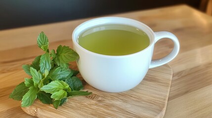Fresh mint tea in a white cup on wooden surface