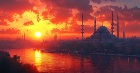 Obraz premium Sunset over Istanbul with mosque silhouette and minarets reflected in water, vibrant orange and purple sky