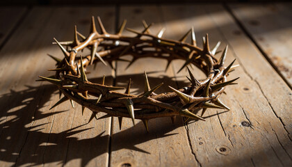Crown of thorns on wooden surface with dramatic shadows, spiritual symbolism