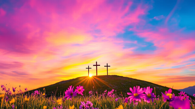 Misty sunrise over three crosses on hill, spiritual reflection