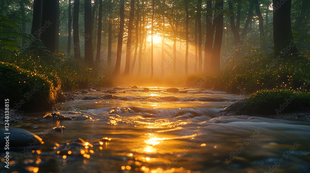 Poster sunlight filters through trees over a calm stream in a serene forest setting at dawn