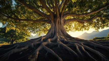 A majestic tree with roots spanning across continents, symbolizing environmental growth, shared resources, global connectivity, and interdependence.