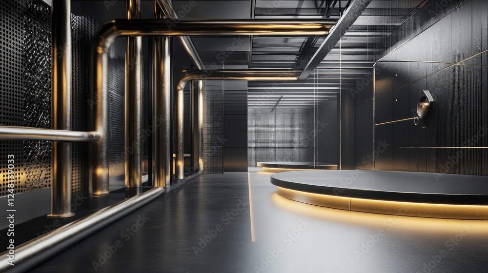 Poster a metallic pipe weaving through industrial architecture, accompanied by a sleek empty podium for pac