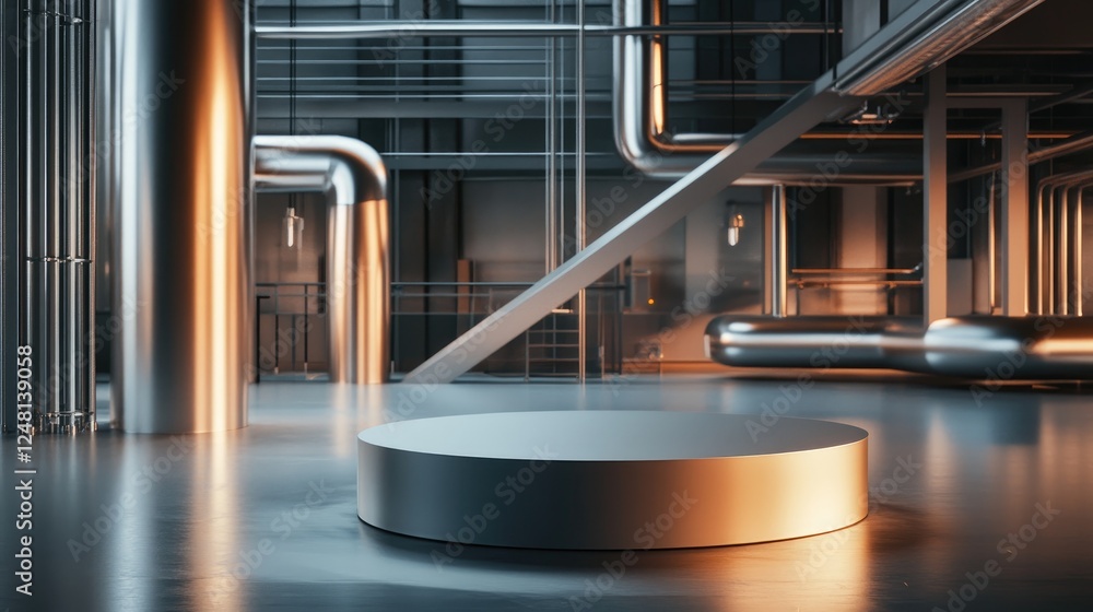 Poster a metallic pipe weaving through industrial architecture, accompanied by a sleek empty podium for pac