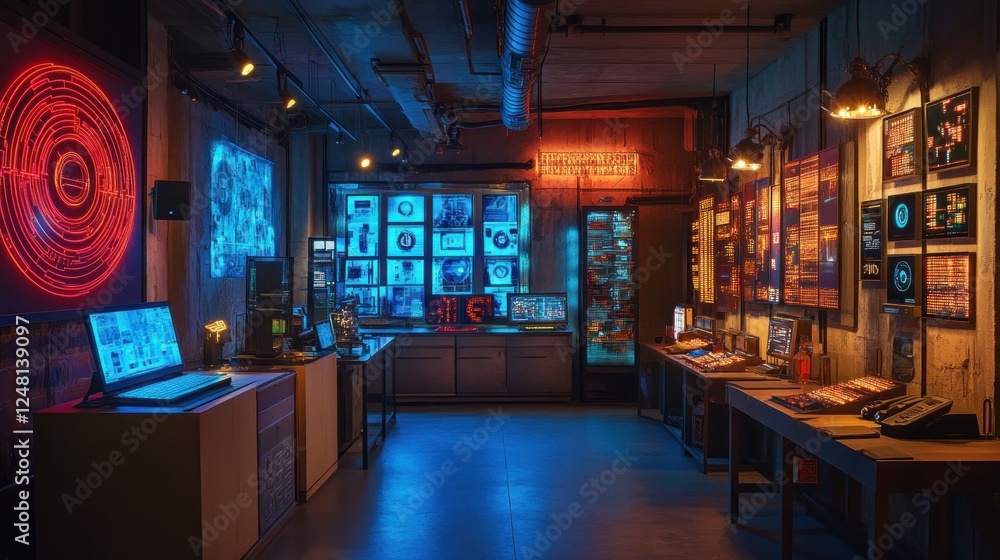 Poster futuristic cyber security control room with advanced technology and data displays