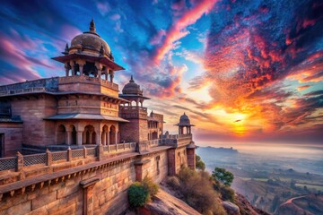Obraz premium A fantasy-architecture cabin dreamscape, nestled within Gwalior Fort's breathtaking Indian heritage and majestic views.