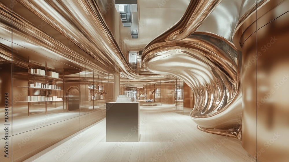 Poster A metallic pipe with graceful curves running through a building, complemented by an empty pedestal for displaying high-end products.