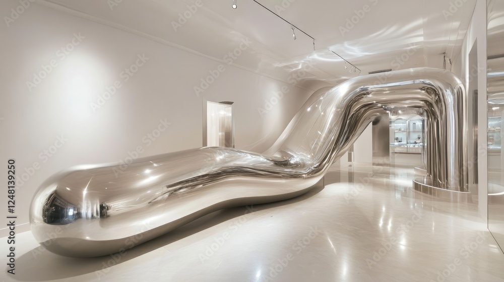 Poster A metallic pipe with graceful curves running through a building, complemented by an empty pedestal for displaying high-end products.
