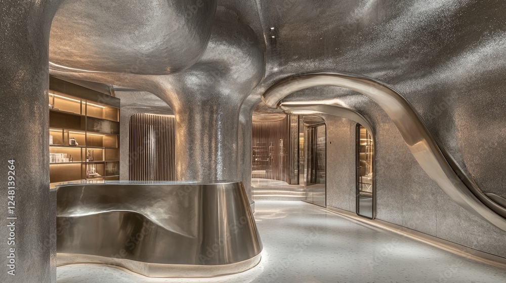 Poster A metallic pipe with graceful curves running through a building, complemented by an empty pedestal for displaying high-end products.
