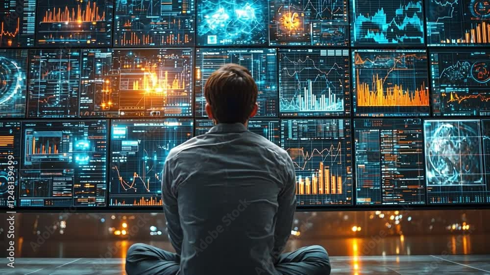 Aufkleber data explorer: a lone figure sits contemplatively before a wall of glowing monitors displaying intri