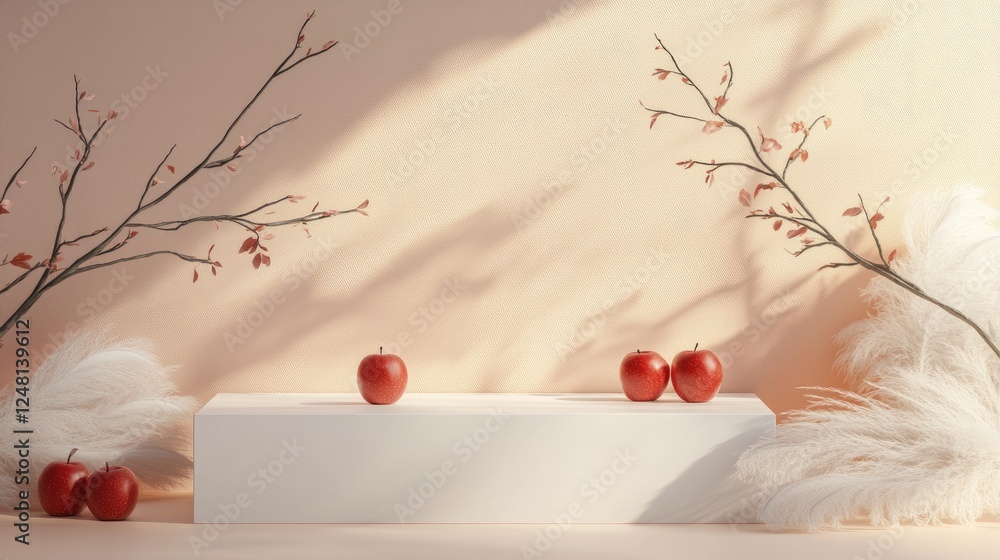 Aufkleber a minimalist white podium adorned with delicate apple branches and soft feathers, showcasing an empt