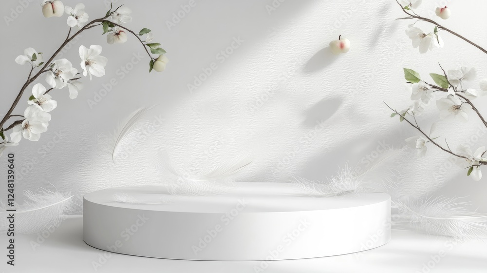 Poster A minimalist white podium adorned with delicate apple branches and soft feathers, showcasing an empty space for product packaging.