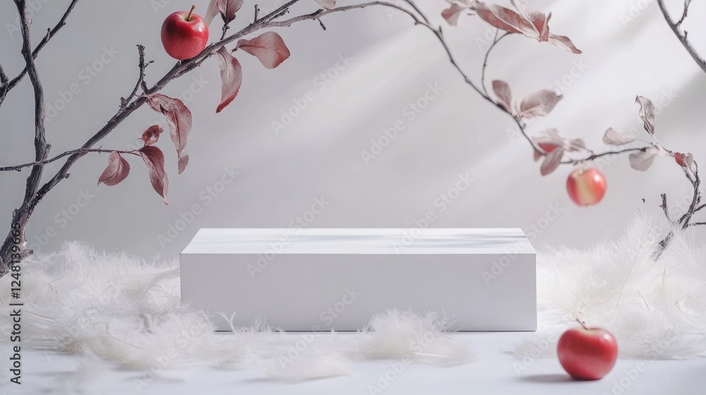 Poster A minimalist white podium adorned with delicate apple branches and soft feathers, showcasing an empty space for product packaging.