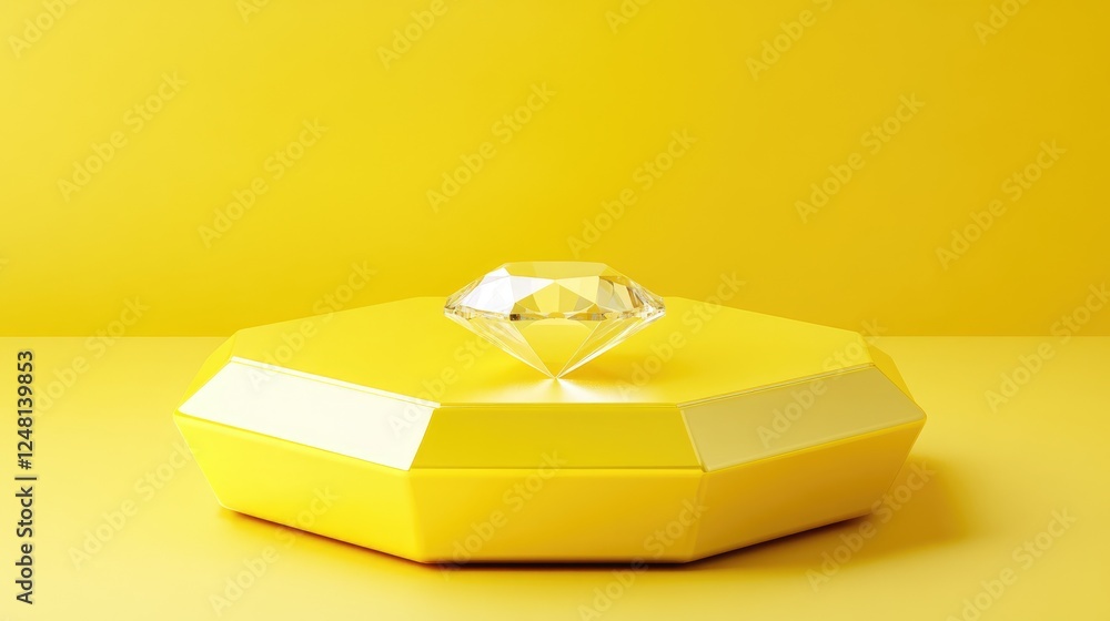 Poster a minimalist yellow hexagon podium with a diamond at its core, designed for showcasing an exquisite 