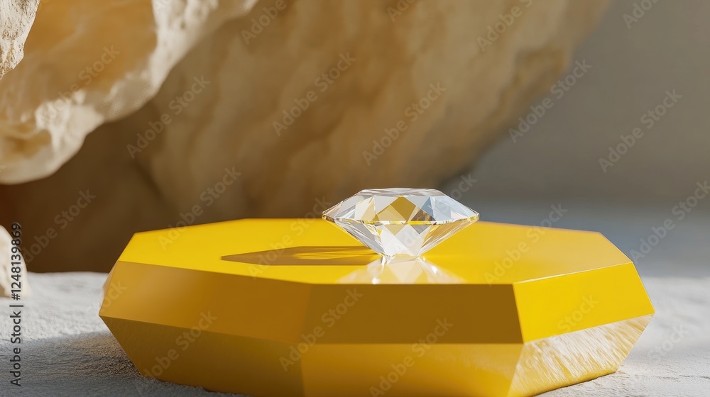 Aufkleber a minimalist yellow hexagon podium with a diamond at its core, designed for showcasing an exquisite 