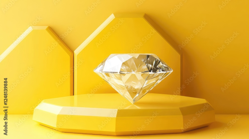 Poster a minimalist yellow hexagon podium with a diamond at its core, designed for showcasing an exquisite 
