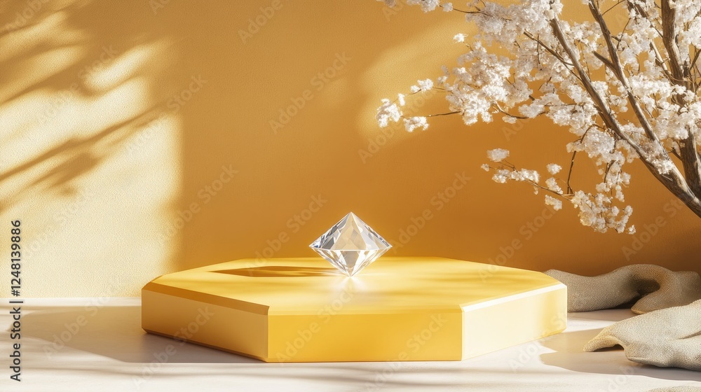 Poster a minimalist yellow hexagon podium with a diamond at its core, designed for showcasing an exquisite 