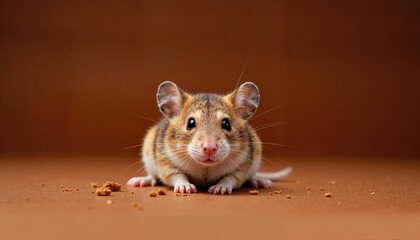 Cute mouse nibbling crumbs on warm bordo background, playful charm