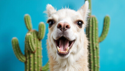 Cheerful llama smiling in front of cacti, joyful expression