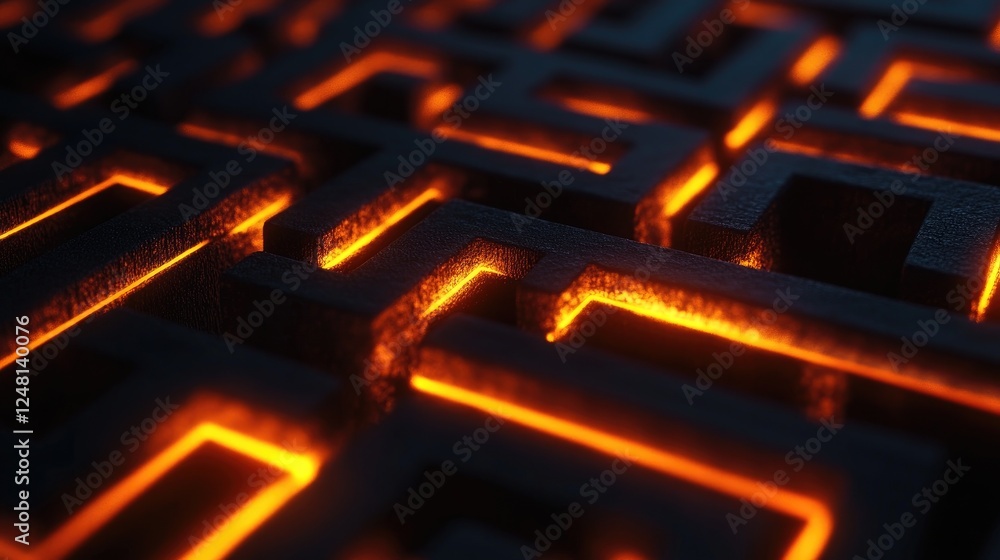 Poster A mysterious dark maze with glowing orange lines showing the solution path, symbolizing the journey through problem-solving, strategy, and the path to success.