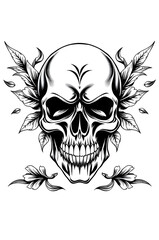 Fototapeta premium black and white human skull with ornaments , digital tattoo model 