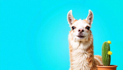 Llama’s fluffy face beside a cactus, vibrant studio portrait