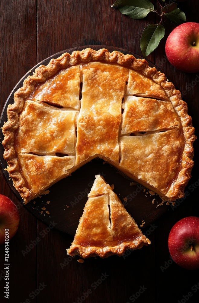 Poster homemade apple pie sliced with golden crusts surrounded by fresh red apples on a rustic wooden table