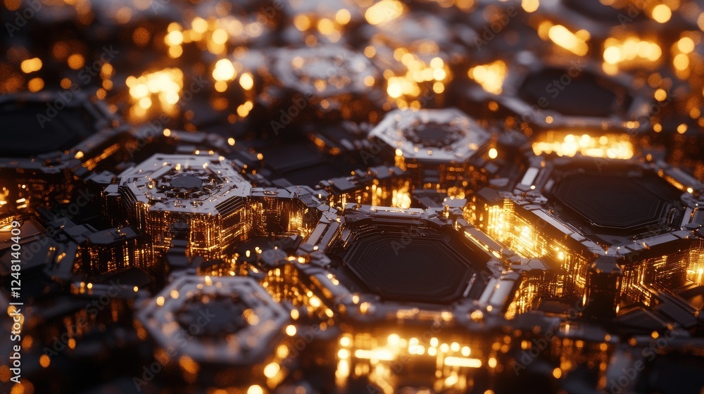Poster A network of interlocking hexagons pulsating with light, symbolizing the structural foundation of advanced technology that propels infrastructural growth and development.