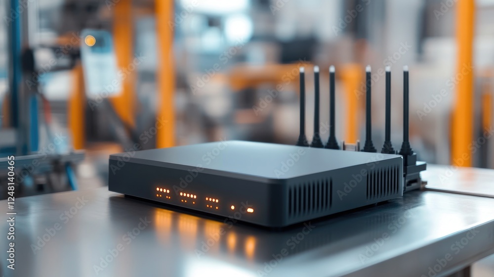 Poster A network router installed among machines and IoT sensors in a factory, exemplifying the role of 5G connectivity in enabling real-time communication for industrial operations.