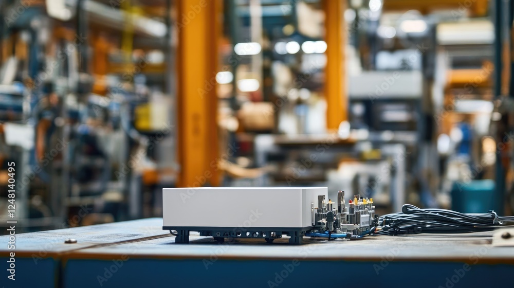 Poster A network router installed among machines and IoT sensors in a factory, exemplifying the role of 5G connectivity in enabling real-time communication for industrial operations.