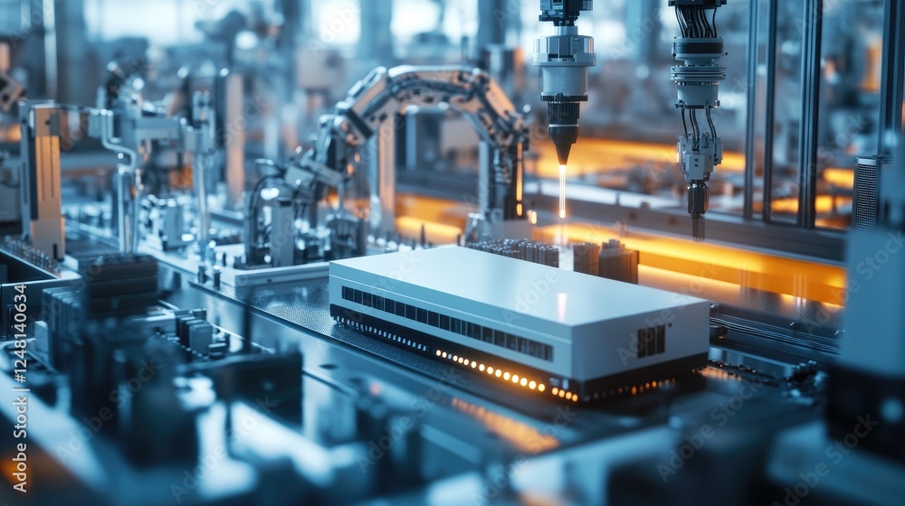 Leinwandbilder A network router positioned amidst machines and sensors in a factory, symbolizing the backbone of 5G connectivity that enables instant communication between IoT devices in industrial processes.