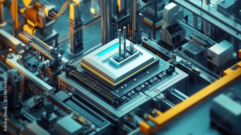 Poster A network router positioned amidst machines and sensors in a factory, symbolizing the backbone of 5G connectivity that enables instant communication between IoT devices in industrial processes.