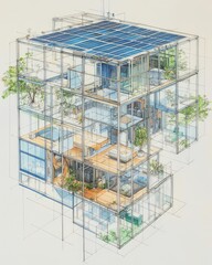 Architectural drawing shows a conceptual sustainable house design