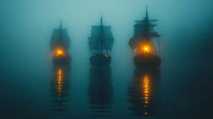 Obraz premium Mysterious ships illuminated by fog on a calm evening in a quiet harbor