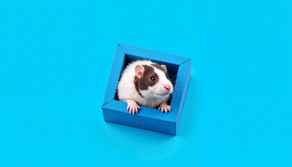 Curious rat exploring blue geometric frame, playful portrait