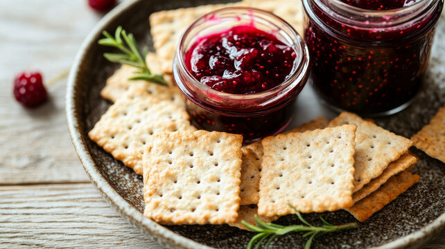 Crackers with raspberry jam on a plate. - Powered by Adobe