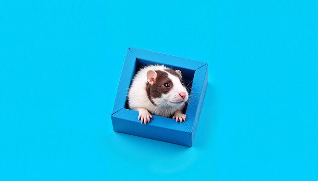 Curious rat exploring blue geometric frame, playful portrait