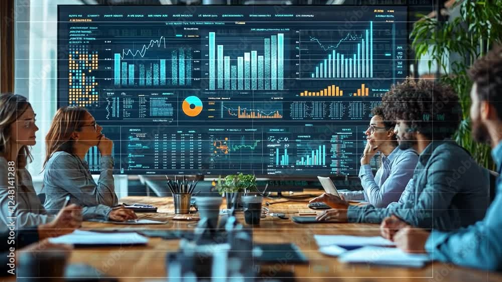 Aufkleber data analysis meeting: a group of business professionals huddled around a conference table, their ga