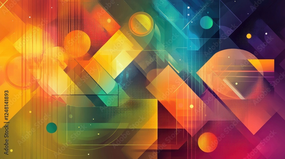 Poster A playful and colorful vector design of triangles, circles, squares, and rectangles, ideal for use as a wallpaper, card design, or creative background.