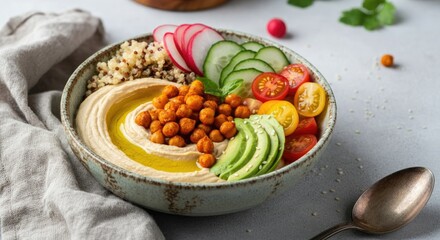 Vibrant Mediterranean Bowl with Hummus, Chickpeas, Fresh Vegetables, and Quinoa: A Healthy, Colorful Meal for Nourishing Your Body and Soul