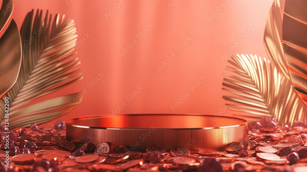 Poster a podium surrounded by copper coins and ruby-red stones, offering an empty space for showcasing luxu